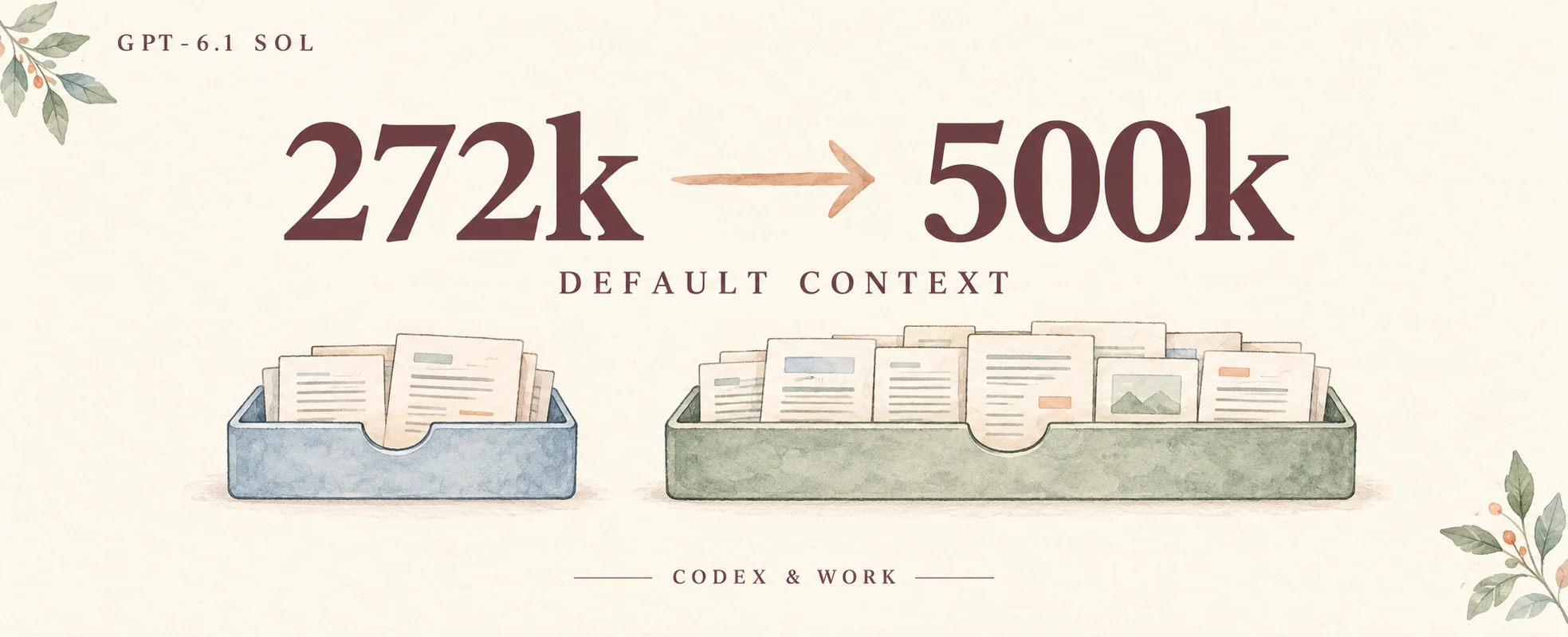 GPT-6.1 Sol default context in Codex and Work grows from 272k to 500k.